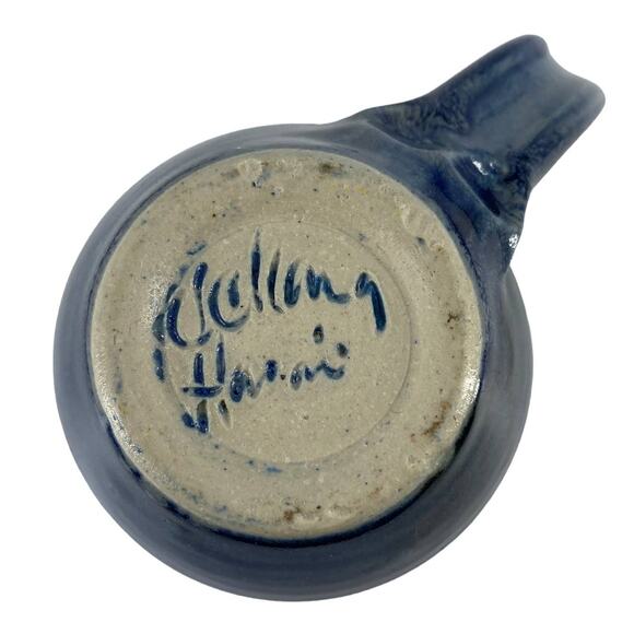 Pottery Mug Blue Signed Rustic Floral Design Coffee Tea Cup Ombre Studio Art - Picture 2 of 14